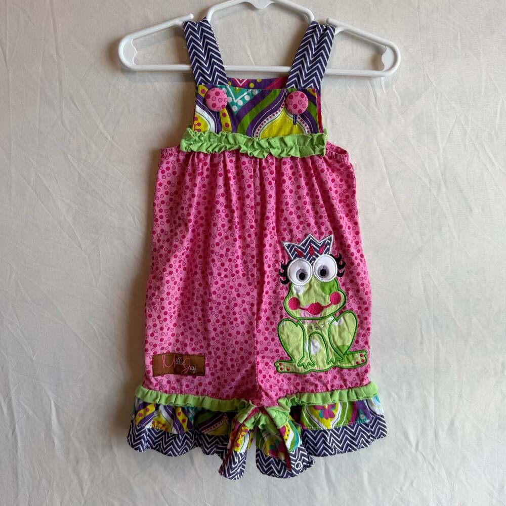 Millie Jay Girls Pink Polka Dot Frog Applique Ruffle Romper